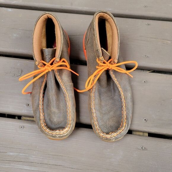 Twisted X Brown Leather Neon Orange Moccasin Moc Square Toe Ankle Driving Loafer - Picture 5 of 9